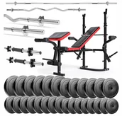 Ławki treningowe - Zestaw Do Ćwiczeń 156Kg Z Ławeczką Treningową Ph 2132 Sztangą Prostą 180 Cm, Gryfem 120 Cm Łamanym, Zestawem Obciążeń 120 Kg I Hantlami - miniaturka - grafika 1