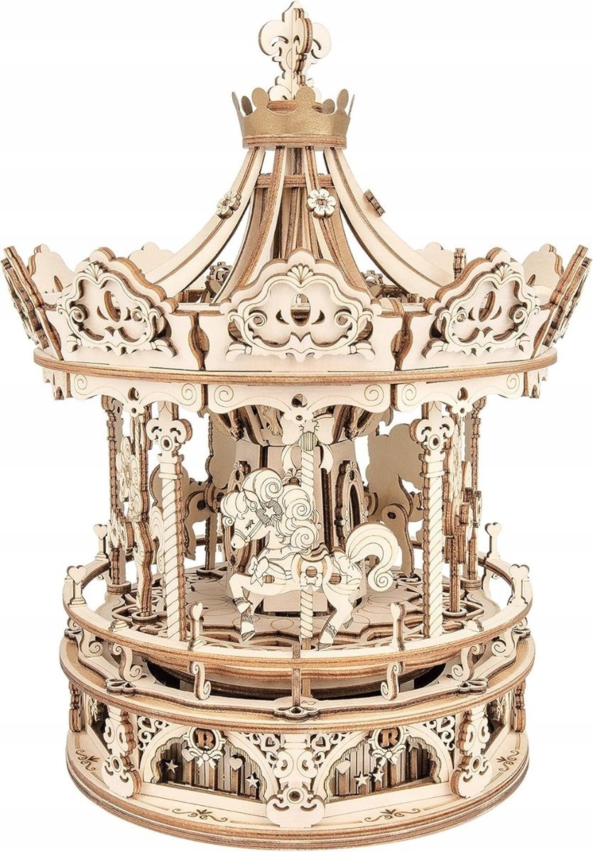 Puzzle 3D drewniane karuzela mechaniczna pozytywka dekoracja konstrukcja 3D