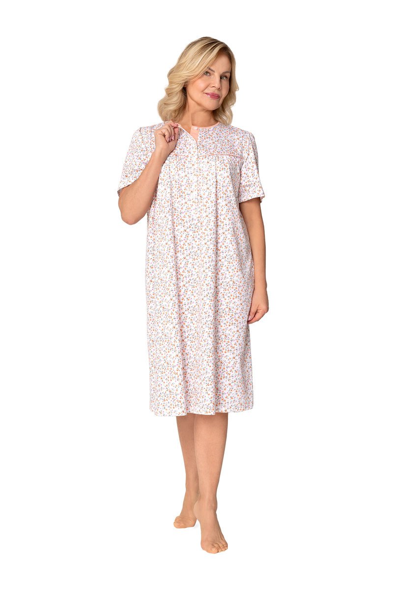 KOSZULA NOCNA DAMSKA M KRÓTKI RĘKAW BAWEŁNIANA ROZPINANA W KWIATY