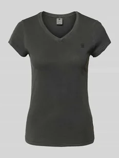 T-shirt z prążkowanym dekoltem w serek - Koszulki i topy damskie - miniaturka - grafika 1
