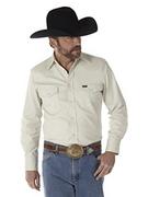 Koszule męskie - Wrangler Męska koszula robocza z długim rękawem w stylu kowbojskim, sprane wykończenie, guziki, nieprzejrzysta, KAMIEŃ, L Długi - miniaturka - grafika 1