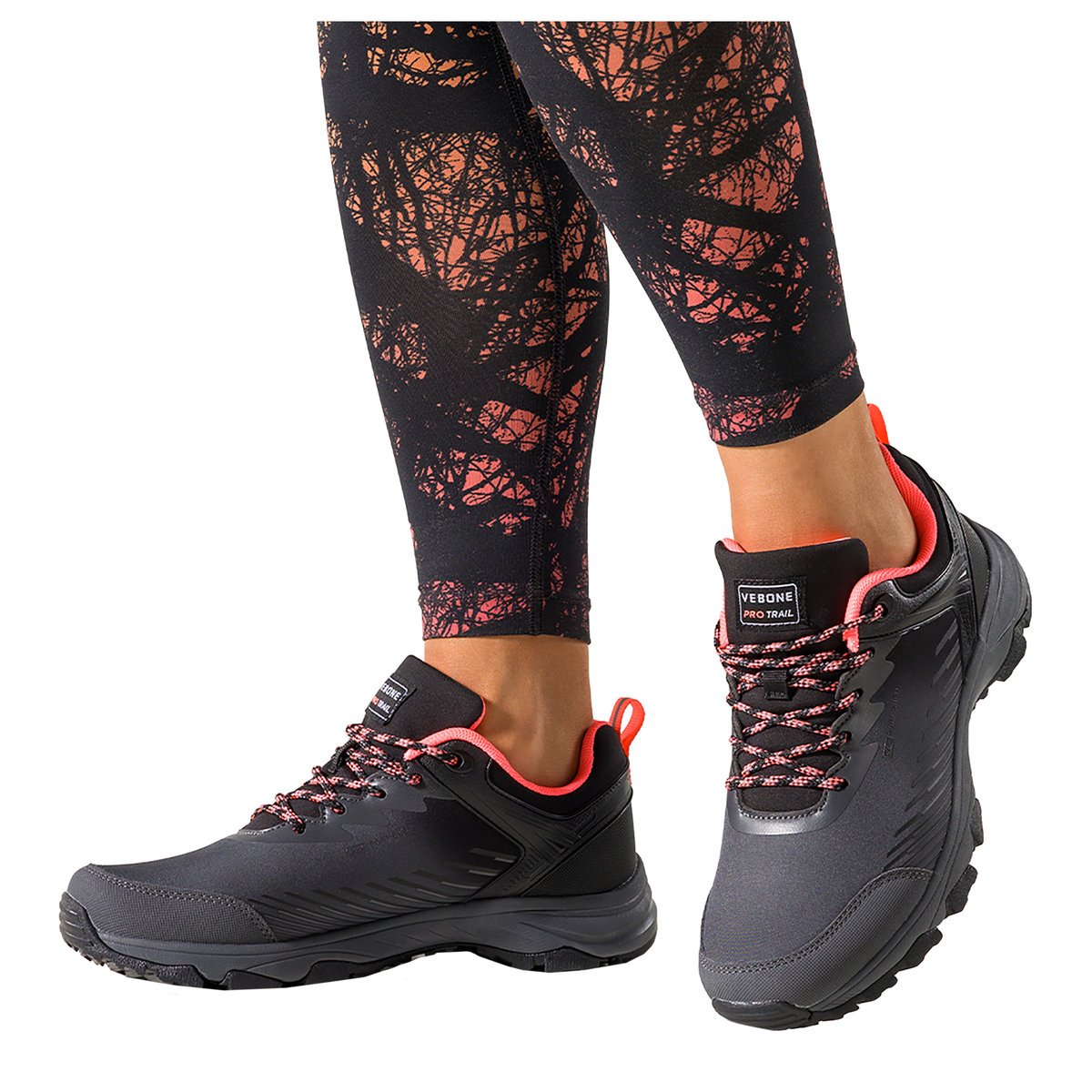 Ciemnoszare buty trekkingowe damskie buty sportowe softshell na bieżnikowanej podeszwie koralowe wstawki sznurowane Carla EY0976-6-36