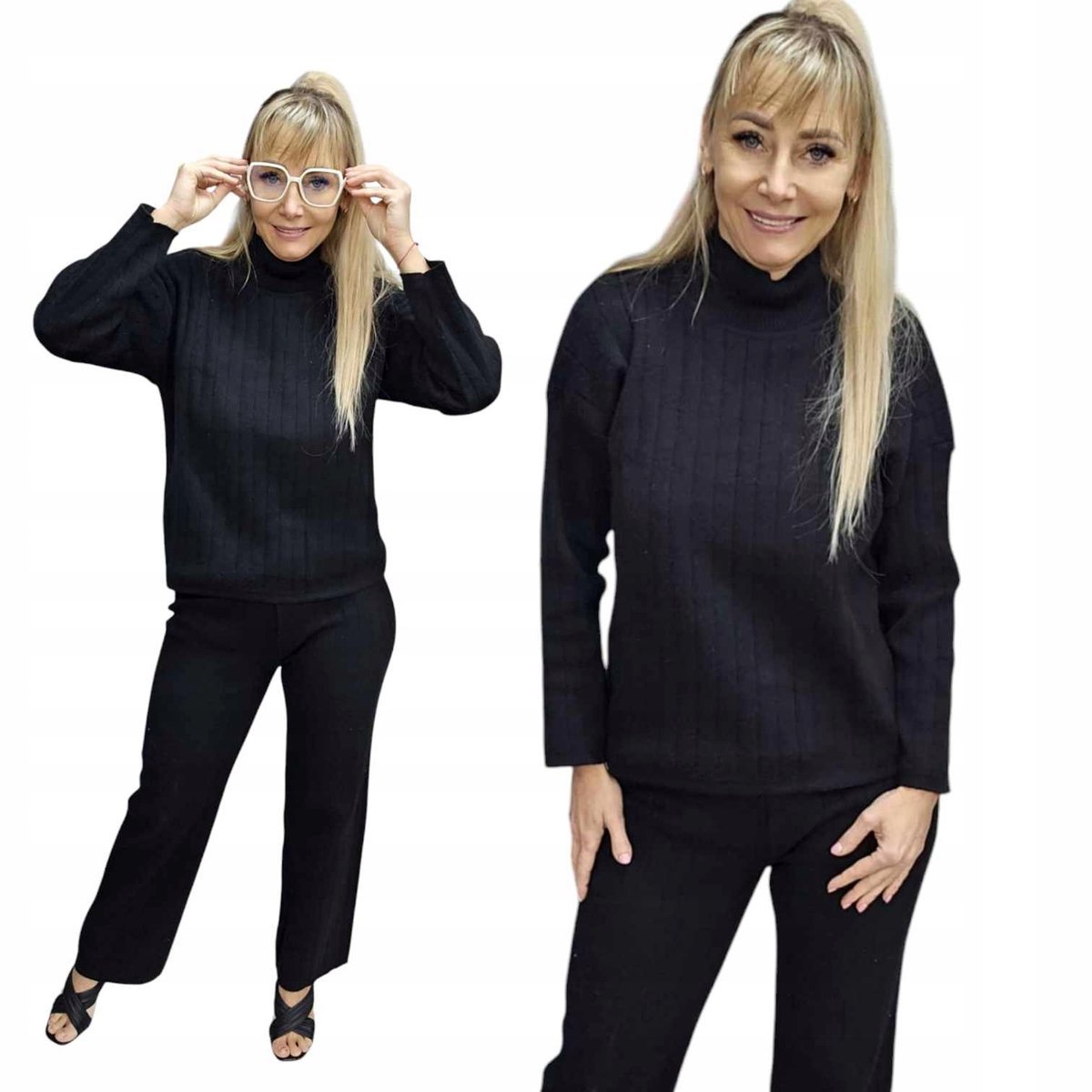 ELEGANCKI KOMPLET SWETERKOWY PRĄŻEK wygodny na co dzień ciepły 42 44 XL 2XL