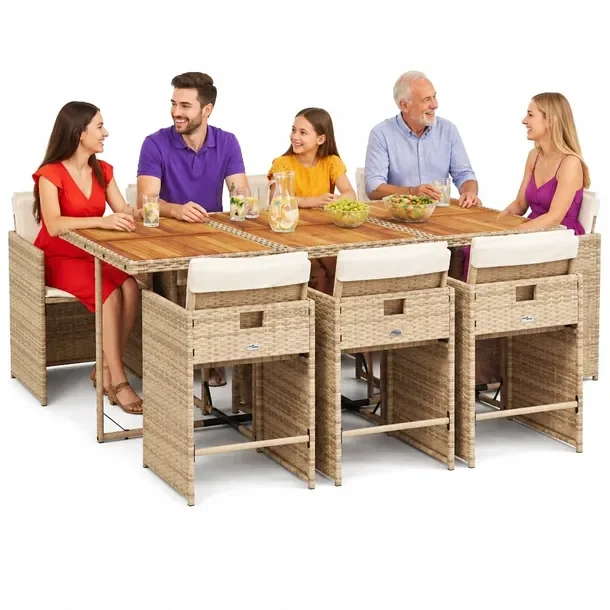 Zestaw Mebli Ogrodowych Rattan PE, Stół Lite Drewno Akacjowe 165x106x73cm