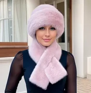 Czapki damskie - RÓŻOWA CZAPKA DAMSKA SZALIK ZIMOWA MODNA ELEGANCKA CIEPŁA TOCZEK FUTERKO - miniaturka - grafika 1