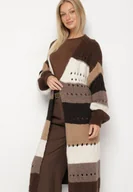 Swetry damskie - Brązowy Długi Kardigan Ażurowy w Paski z Domieszką Wełny i Wiskozy Ilomine - miniaturka - grafika 1