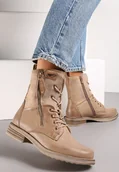 Botki damskie - Beżowe Botki z Ozdobnym Suwakiem i Sznurowaniem Sanara - miniaturka - grafika 1