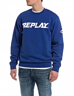 Bluzy męskie - Replay Męska bluza z logo bez kaptura, niebieski (Royal Blue 804), L, Royal Blue 804, L - grafika 1