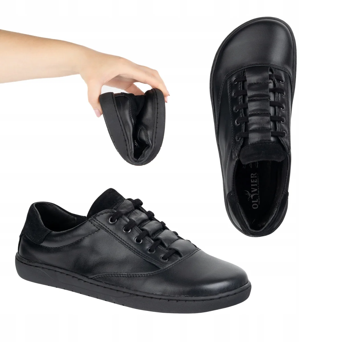Sneakersy barefoot damskie Maja Olivier buty skórzane czarne 40 półbuty minimalistyczne, płaska podeszwa, sznurowane, wkładka ze skóry naturalnej
