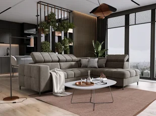 DOMO-HOME Narożnik PABLOS z regulowanym zagłówkiem 279x201cm Nowoczesny narożnik z funkcją spania i schowkiem Do wyboru prawy lub lewy Kolor Taupe Vogue Prawy - Narożniki - miniaturka - grafika 1
