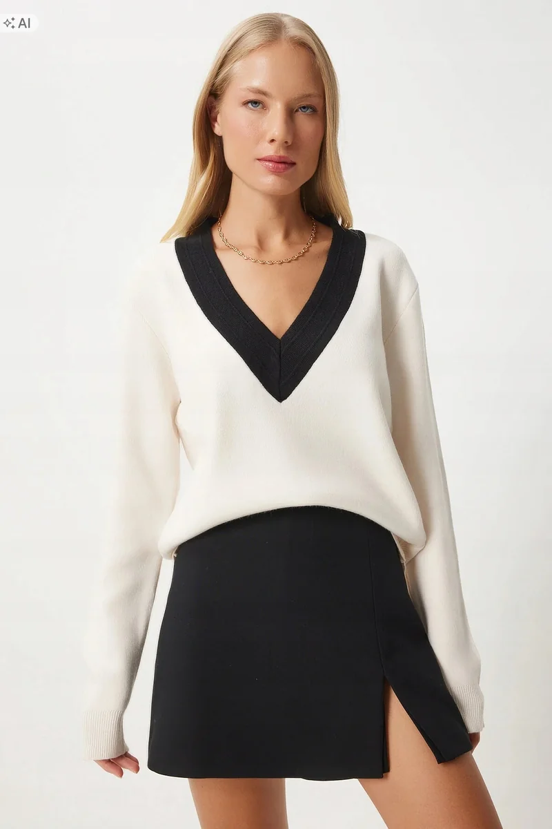 SWETER DAMSKI GŁADKI Z DEKOLTEM V W STYLU MINIMAL 5IA