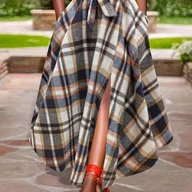 Spódnice - TEMU Elegancka Spódnica A-Line w Kratę dla Kobiet - Asymetryczna Tartanowa Kratka (Brązowa/Beżowa/Piaskowa) z Wiązaniem w Talii, Rozkloszowanym Dołem - miniaturka - grafika 1