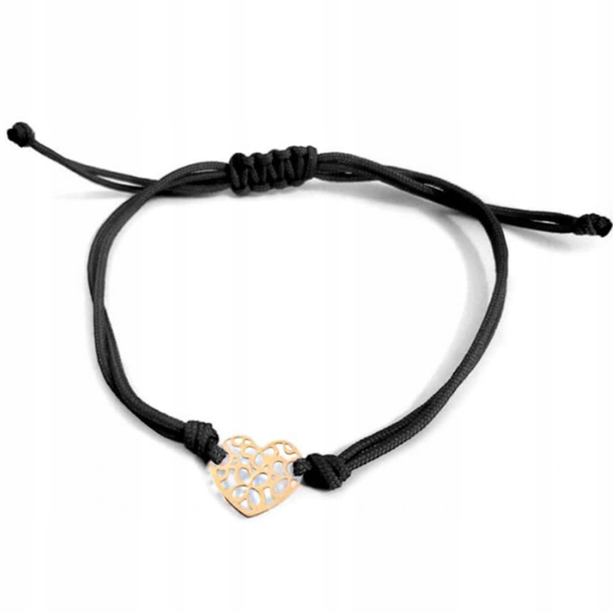 Złota Bransoletka 333 Ażurowe Serce W Kwiaty 8K Na Czarnym Sznurku Prezent