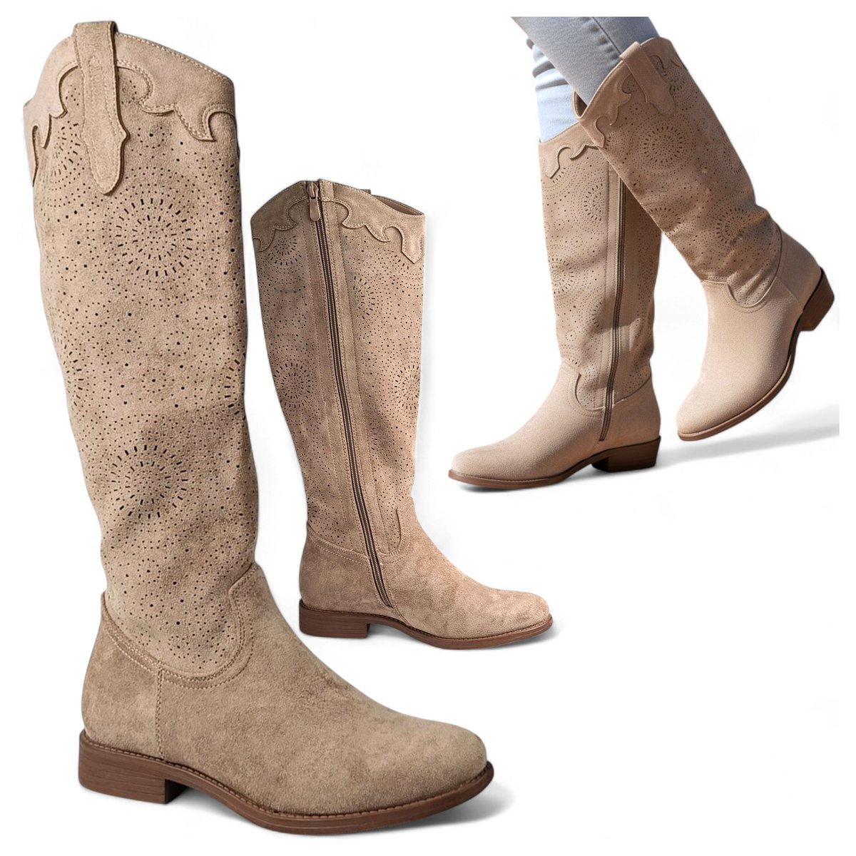 Kowbojki Damskie Ażurowe Zamszowe Kozaki Jesienne Eleganckie Beż Potocki 38