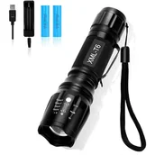 Latarki - Latarka LED, latarka LED z możliwością ładowania, bardzo duża latarka LED, wojskowa latarka taktyczna, 5 trybów, regulowany zoom, latarka - miniaturka - grafika 1