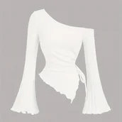 Bluzki damskie - TEMU Damski Zimowy Ciepły Asymetryczny T-Shirt na Jedno Ramię - Dopasowany Długi Rękaw z Akcentem Różowego Blasku (Ciemny Szary/Jednolity) - miniaturka - grafika 1