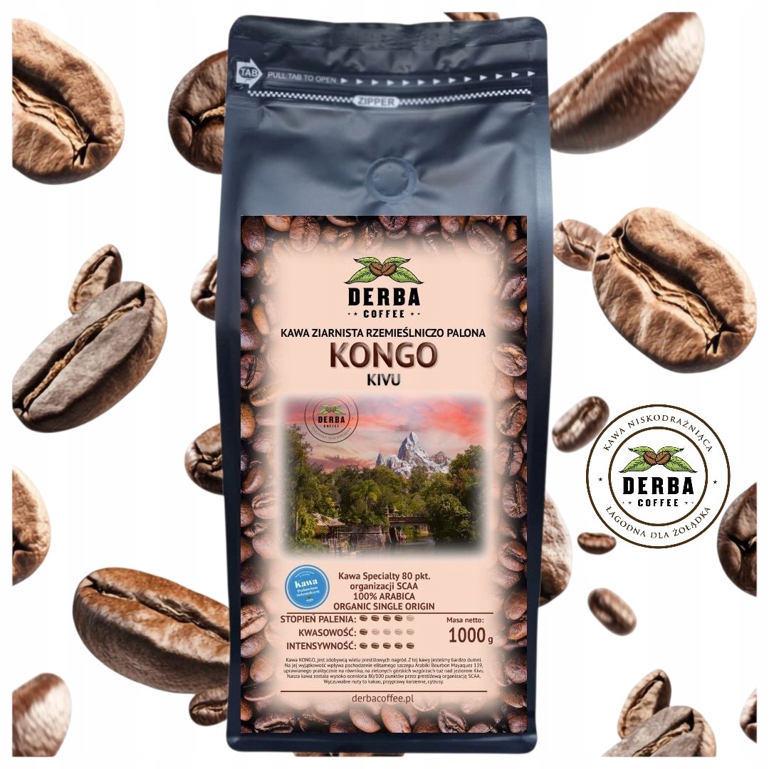Kawa Kongo Kivu Niskodrażniąca 1kg ziarnista 100% Arabika Specialty