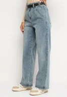 Spodnie damskie - Jasnoniebieskie Jeansy z Bawełną o Szerokim Kroju z Wysokim Stanem i Paskiem Teriseteli - miniaturka - grafika 1