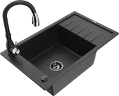 Zlewozmywaki z baterią - Mexen Elias zlewozmywak granitowy 1-komorowy z ociekaczem i baterią kuchenną Savita, czarny/srebrny metalik- 6511-73-672601-70-B - miniaturka - grafika 1