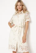 Sukienki - Beżowa Koszulowa Sukienka z Koronkowej Tkaniny z Materiałowym Paskiem Noraly - miniaturka - grafika 1