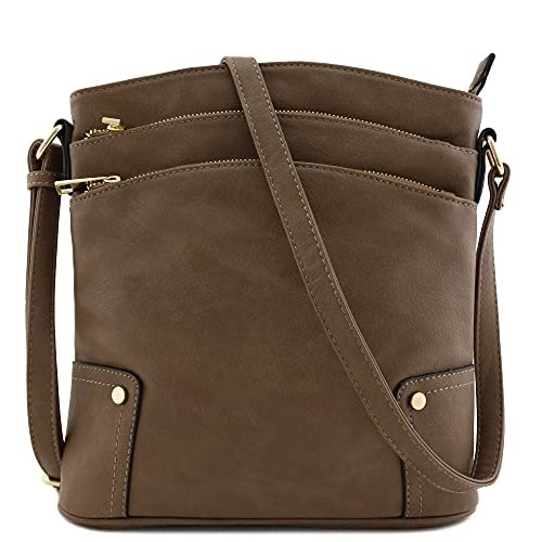 ALYSSA Duża torba crossbody z potrójną kieszenią na zamek błyskawiczny, Ciemny szarobrązowy, One Size