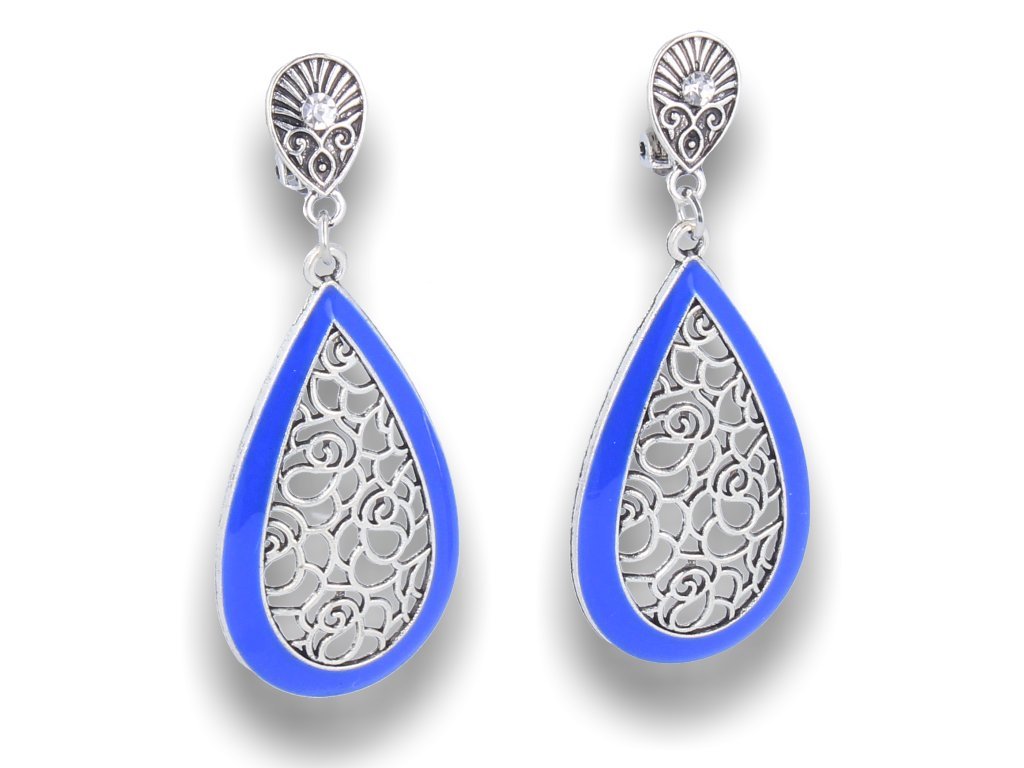 Klipsy do uszu wiszące ażurowe długie srebrno-chabrowe