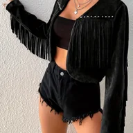 Kurtki damskie - TEMU [Tenggong Pool BK Edycja Limitowana] Wiosenna/Jesienna Elegancka Kurtka z Frędzlami dla Kobiet, Casualowa Modna Kurtka z Długim Rękawem i - miniaturka - grafika 1