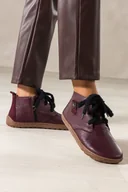 Botki damskie - Bordowe botki barefoot skórzane damskie szerokie na elastycznej płaskiej podeszwie stalowa ozdoba puszyste sznurówki PRODUKT POLSKI Casu 69928 - miniaturka - grafika 1