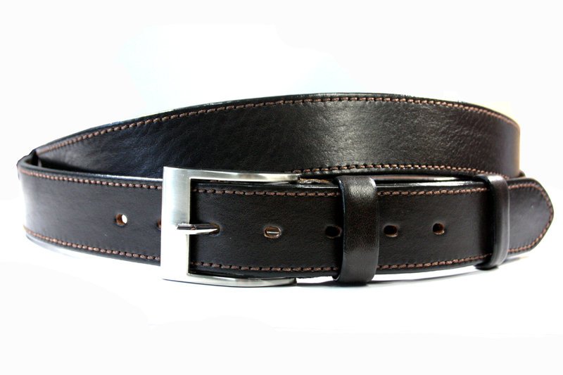 Brązowy skórzany pasek 130 cm Orsatti do dżinsów, z obszyciem