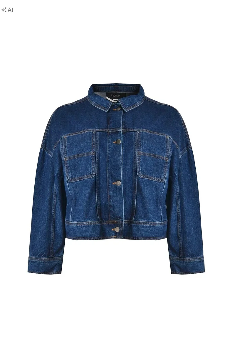 KRÓTKI PŁASZCZ JEANSOWY Z GŁADKIEJ TKANINY ELEGANCKI 48 5IA