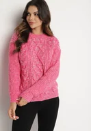 Swetry damskie - Fuksjowy Klasyczny Sweter z Wełną Przeszyty Kolorową Nitką Dezina - miniaturka - grafika 1