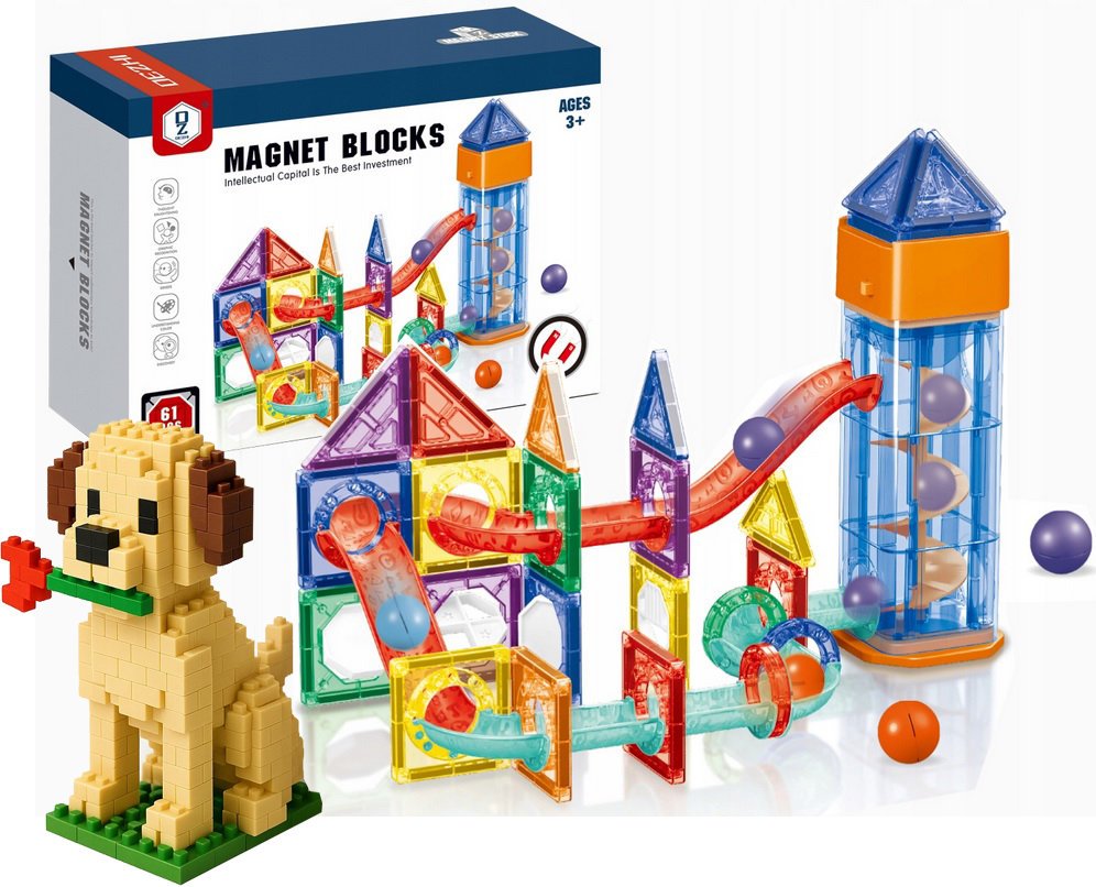 KLOCKI MAGNETYCZNE TOR KULKOWY KONSTRUKCYJNE KULODROM 3D DUŻE 61 el 130A+GR