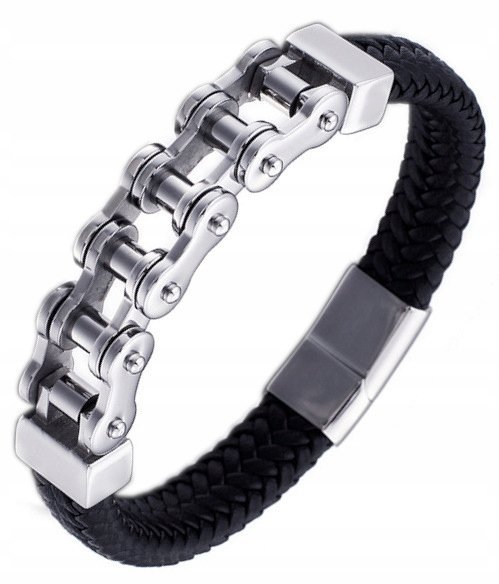 Męska Bransoletka Łańcuch Motocyklowy Skóra 19Cm