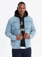 Kurtki męskie - Męska kurtka jeansowa bomberka stone wash błękit Ombre OM-JADJ-0163 V3 XXL - miniaturka - grafika 1