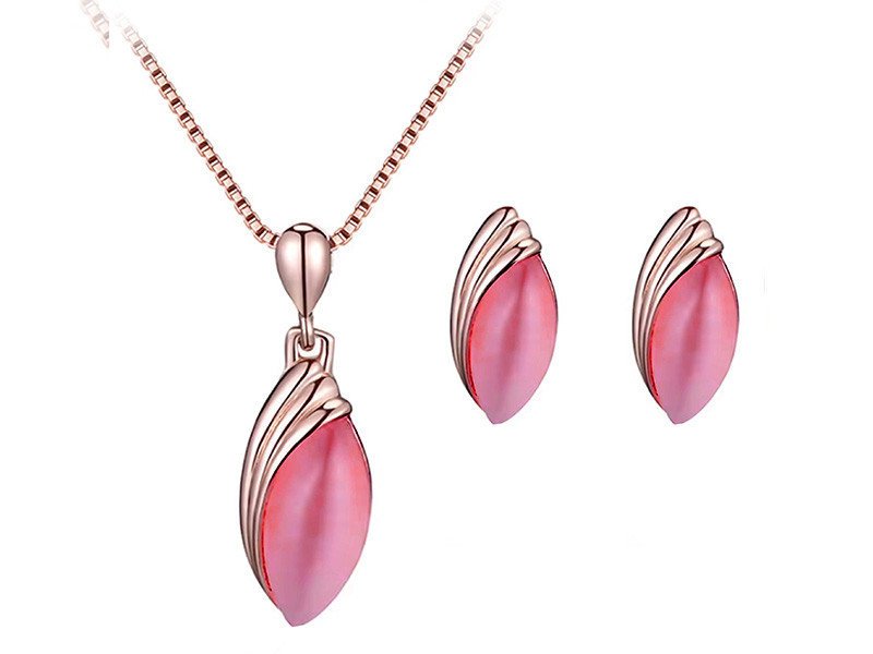 Komplet biżuterii migdały z ciemno różowym kamieniem na prezent