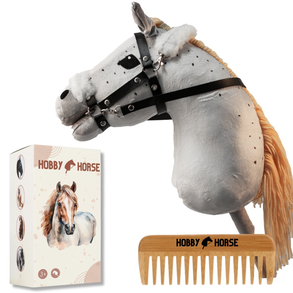 HOBBY HORSE KOŃ NA KIJU KONIK GŁOWA KONIA BIAŁO-SZARY + GRZEBIEŃ + PUDEŁKO [M-HORSE10-P]