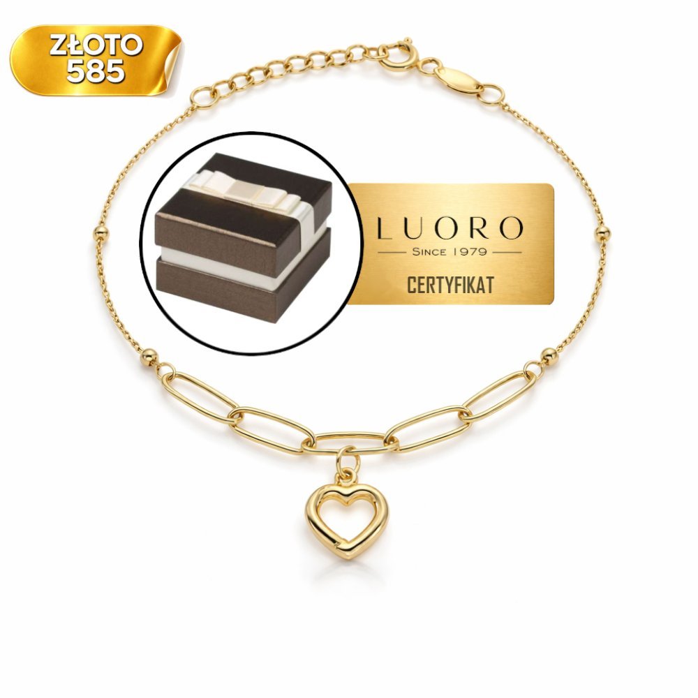 BRANSOLETKA ZŁOTA 585 14K DŁUGIE OGNIWA SERCE KULKI 17+2 CM ELEGANCKA