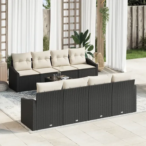 Zestaw Ogrodowy Sofa z Polirattanu Czarny + Kremowe Poduszki, 4 Osoby