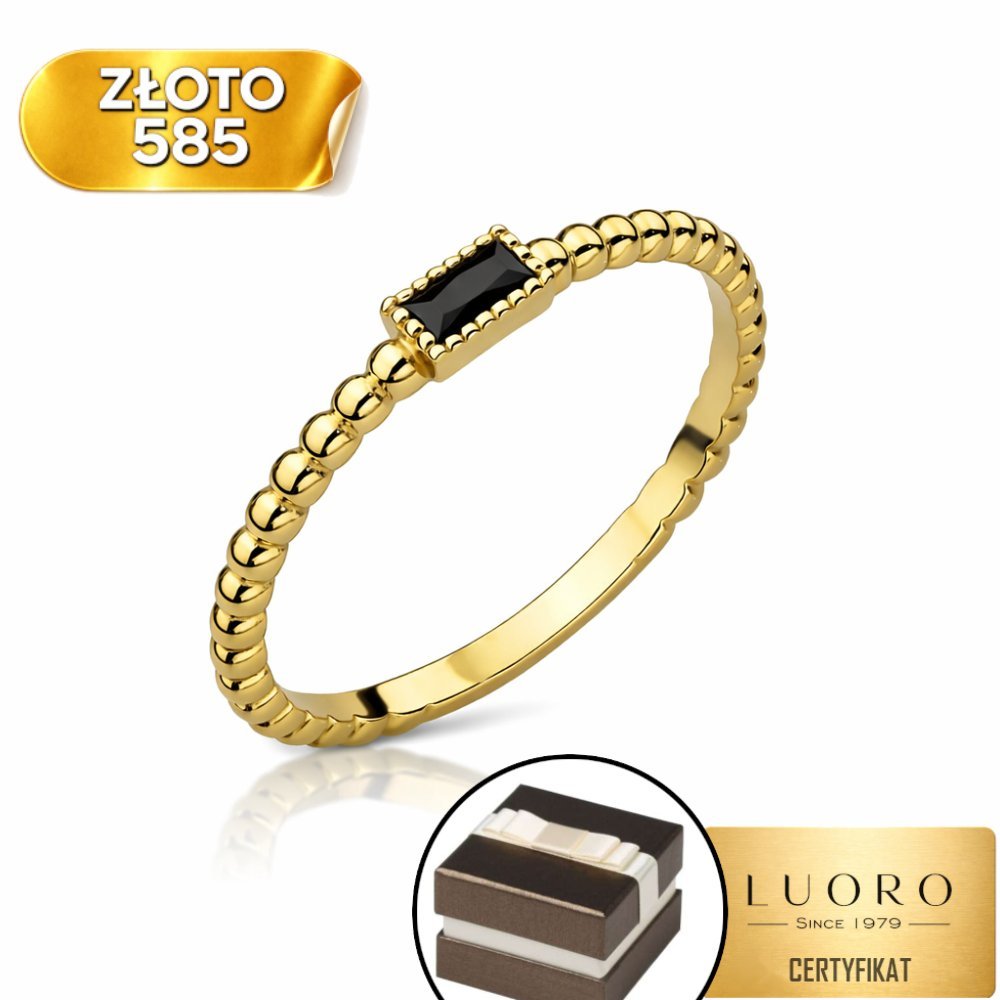 PIERŚCIONEK ZŁOTY 585 14K CZARNY KAMIEŃ KULECZKI PROSTOKĄT R16
