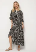 Sukienki - Czarna Bawełniana Sukienka Rozkloszowana w Drobne Kwiatki z Chwostem Orrilva - miniaturka - grafika 1