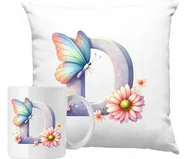 Gadżety dla niej i dla niego - ZESTAW PODUSZKA + KUBEK Motylek Motyl Litera Alfabet D +IMIĘ - miniaturka - grafika 1