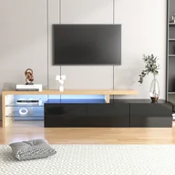 Szafki RTV - Nowoczesna szafka pod telewizor Fortuna Lai: stylowa elegancja, praktyczna przestrzeń do przechowywania, biały wysoki połysk, wygląd drewna, szklane półki, oświetlenie LED, 198x39x42cm - miniaturka - grafika 1