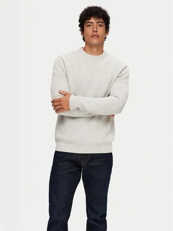 SELECTED HOMME BEŻOWY SWETER MĘSKI Z OKRĄGŁYM DEKOLTEM M 2FA
