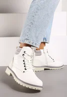 Botki damskie - Białe Płaskie Klasyczne Traperki ze Sznurowaniem Lobanne - miniaturka - grafika 1