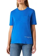 Koszulki i topy damskie - Tommy Hilfiger Damskie dzianinowe topy REG Corp Logo Hilfiger C-NK SS S/S, niebieski (Electric Blue), S - miniaturka - grafika 1