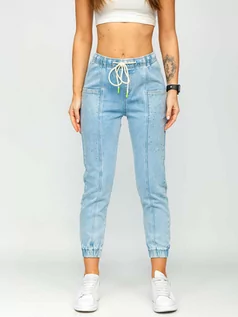 Spodnie damskie - Niebieskie spodnie z cekinami jeansowe damskie mom fit Denley BF108 - grafika 1