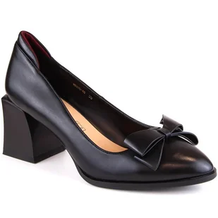 Półbuty damskie na obcasie z kokardką czarne D&A S.Barski Premium Collection MR870-48 - Półbuty damskie - miniaturka - grafika 1
