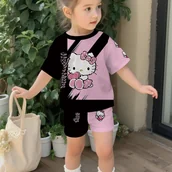 Dresy i komplety dla dziewczynek - TEMU Modny dwuczęściowy zestaw Sanrio w kolorze czarnym i różowym z nadrukiem kreskówkowej kociątku. Składa się z bluzki z krótkim rękawem i - miniaturka - grafika 1