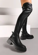 Kozaki damskie - Czarne Kozaki Muszkieterki na Tłoczonej Podeszwie o Dopasowanych Cholewkach za Kolano Daistelle - miniaturka - grafika 1