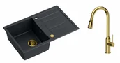 Zlewozmywaki z baterią - Quadron Zlewozmywak granitowy jednokomorowy 78*50*22 cm z ociekaczem MORGAN 111 BLACK DIAMOND ze złotym odpływem z baterią JESSICA Q LINE z wyciąganą wylewką i funkcją prysznica kolor złoty - miniaturka - grafika 1